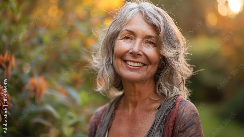 Portrait of a mature woman in a botanical garden , the female smiling face show how much she is enjoying this green nature surrounding her Portrait of a mature woman in a botanical garden , the female smiling face show how much she is enjoying this green nature surrounding her