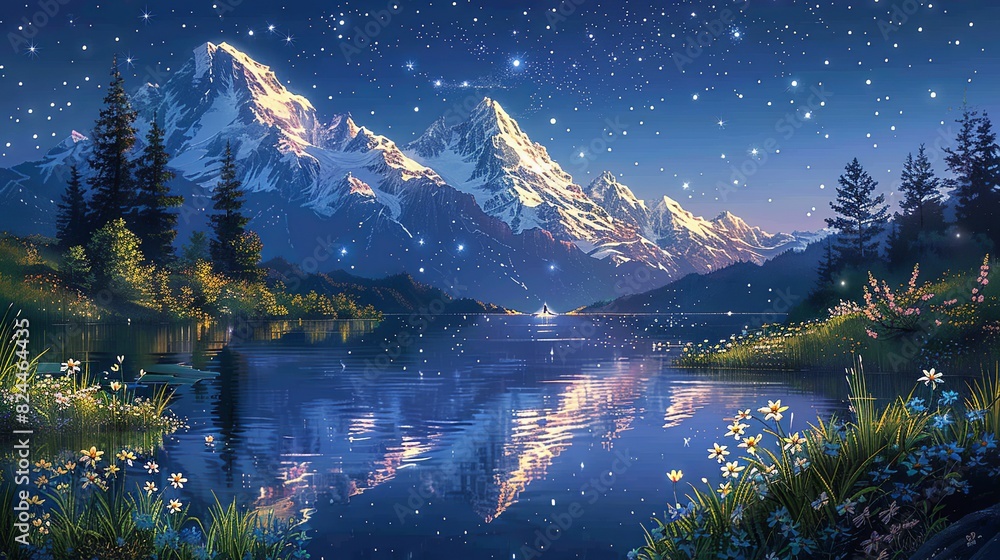 Nature Background, Starry Sky Over a Calm Ocean: A serene ocean scene with gentle waves under a night sky filled with stars, the moonlight reflecting on the water. Illustration image,