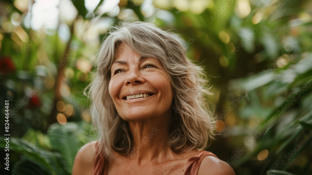 Portrait of a mature woman in a botanical garden , the female smiling face show how much she is enjoying this green nature surrounding her
