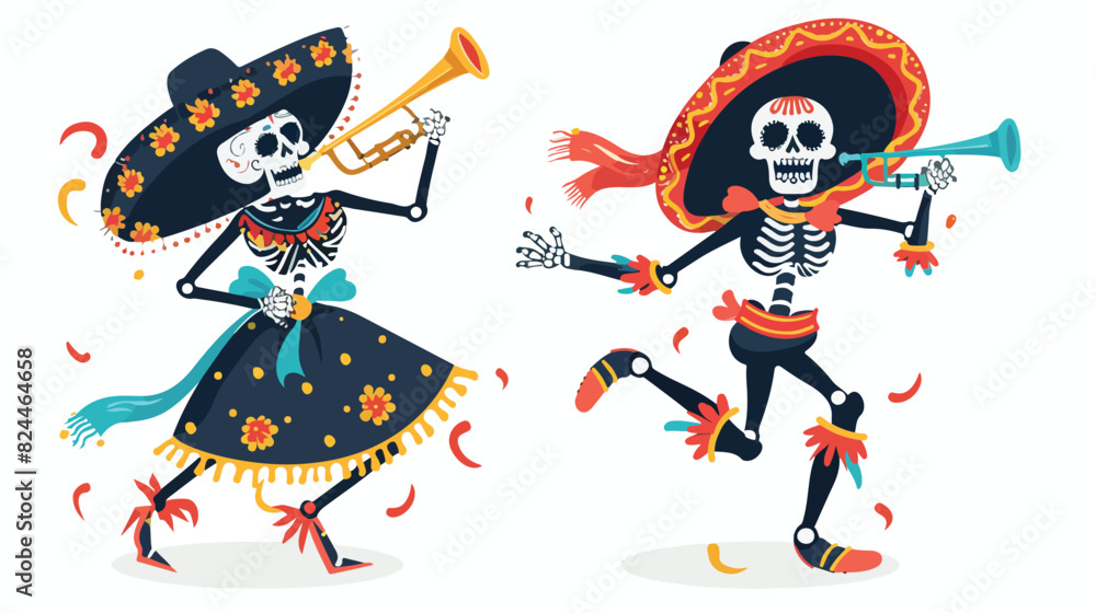 Couple of happy Mexican skeletons play trumpet