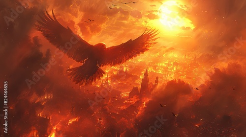 An image of a phoenix soaring above a city, symbolizing powerful renewal. stock image
