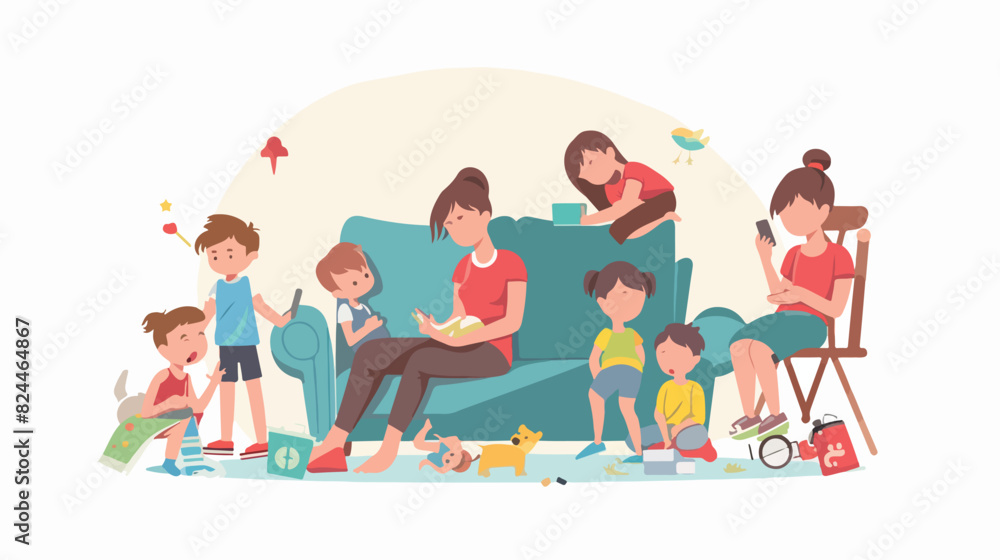 Mother with many children flat vector illustration. 