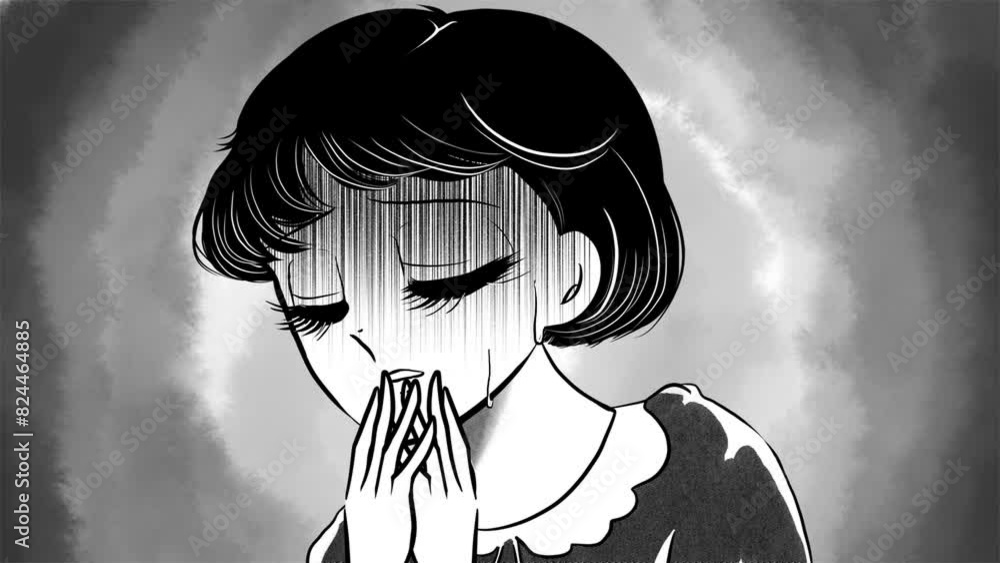 昭和レトロ70年代少女漫画風ゾッとして怯えるおかっぱ黒髪女子のホラーイラストと暗雲背景 Stock ビデオ | Adobe Stock