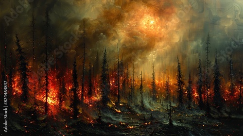 A painting of a landscape regenerating after a fire  symbolizing nature s resilience. stock photo