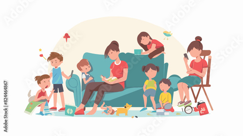 Mother with many children flat vector illustration. 