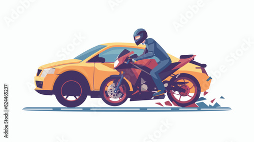 Motorcyclist and car driver after collision. Damaged