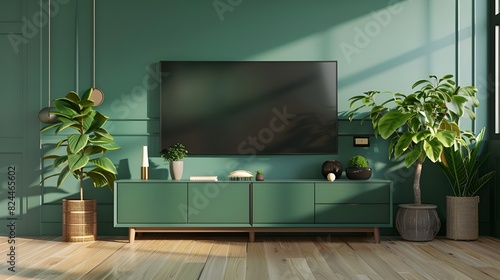 3D rendering of a minimalist living room interior with a green TV cabinet and green wall décor items 