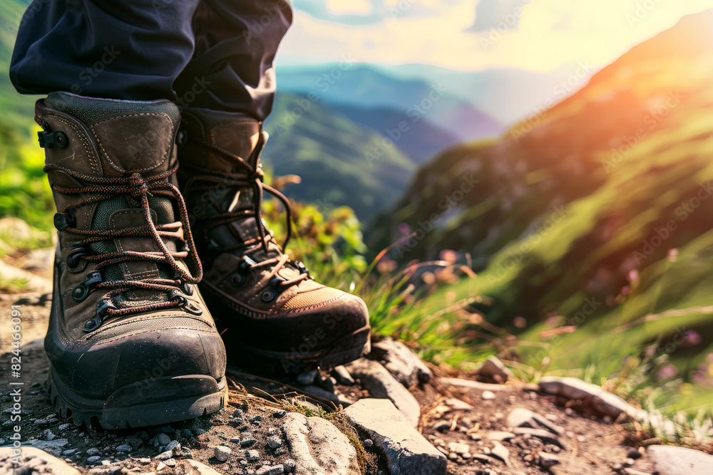 A close-up of a hiker's boots on a rugged mountain path, with the scenic beauty of the mountains in the background .AI Generative A close-up of a hiker's boots on a rugged mountain path, with the scenic beauty of the mountains in the background .AI Generative