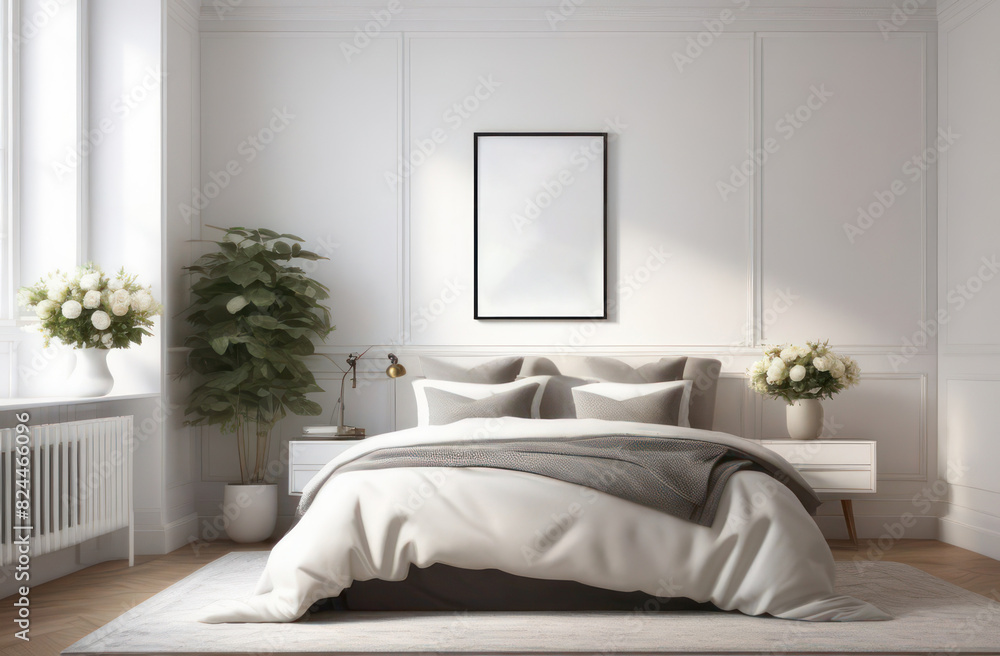 A comfortable bedroom in white shades with decor and flower pots A comfortable bedroom in white shades with decor and flower pots