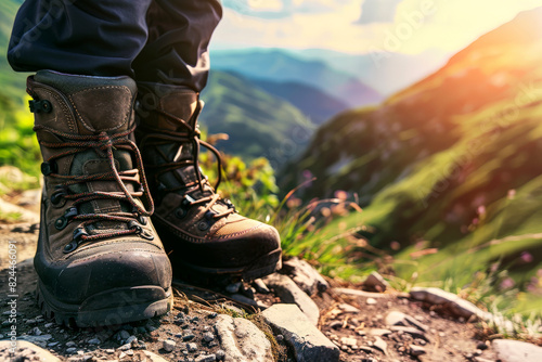 A close-up of a hiker's boots on a rugged mountain path, with the scenic beauty of the mountains in the background .AI Generative