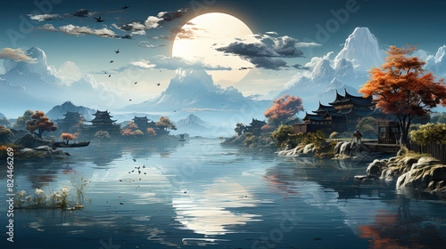 Asian Traditional Beautiful Mountain And River With A Small Cabins Scenery Landscape Oil Painting Background © Image Lounge