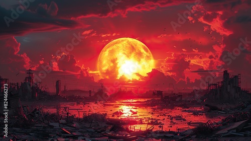 An illustration of a sun rising over a devastated landscape, symbolizing hope and renewal. image #824466273