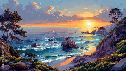 Nature Background, Sunrise Over a Rocky Shore: A rugged shoreline with the sun rising over the ocean, casting a warm light over the rocks and waves. Illustration image, photo