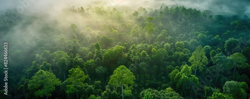 Aerial view of lush green rainforest covered in mist  highlighting the dense foliage and serene beauty of nature at dawn.