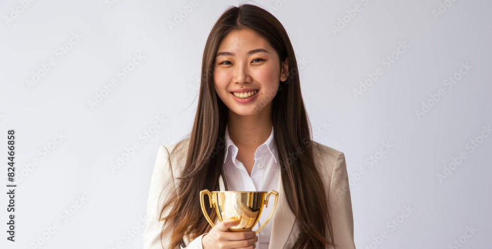 Beautiful young Asian woman looking at the camera while smiling and holding golden trophy in her hands, portrait shot in a studio on white background. Beautiful young Asian woman looking at the camera while smiling and holding golden trophy in her hands, portrait shot in a studio on white background.