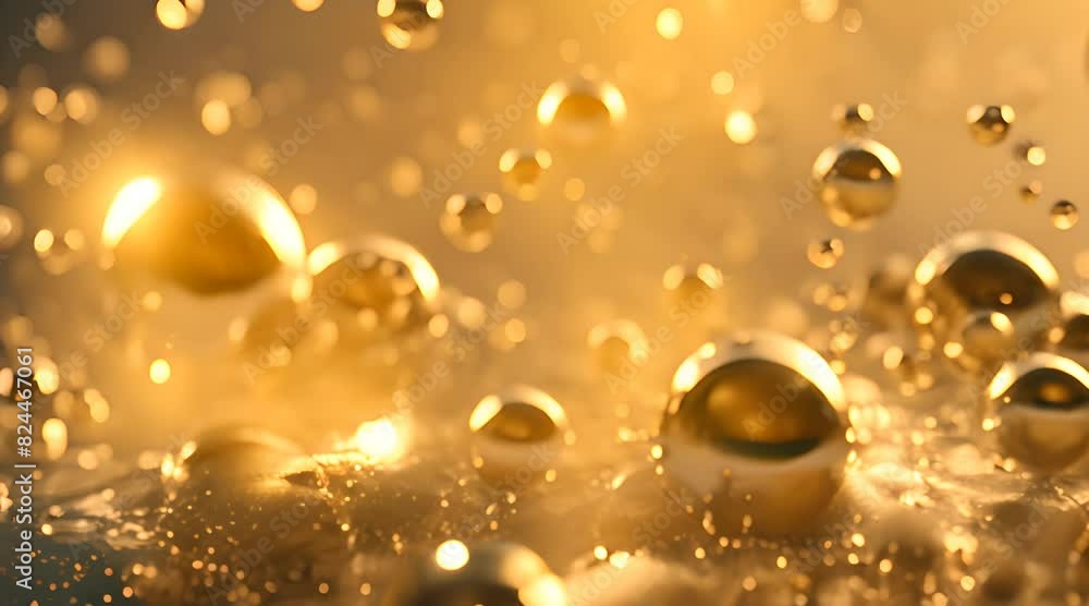 Cosmetic gold serum liquid bubbles collide and bounce, shimmering in a soft, golden glow Cosmetic gold serum liquid bubbles collide and bounce, shimmering in a soft, golden glow