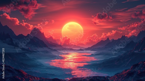 An illustration of a sunrise over a dark valley, symbolizing hope and new beginnings. photo