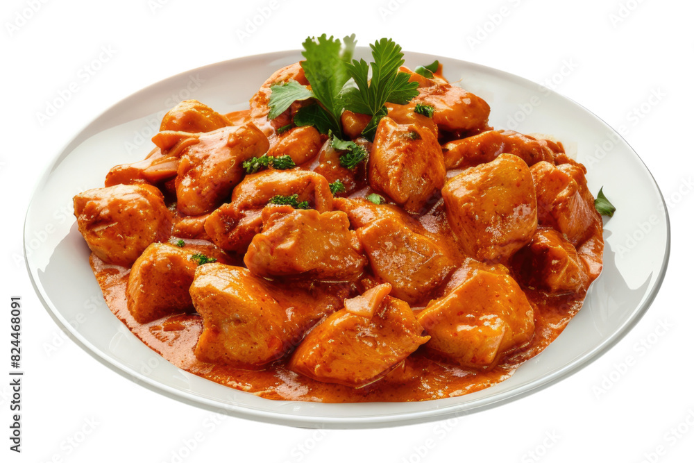Delicious plate of butter chicken isolated on white background Delicious plate of butter chicken isolated on white background