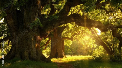 Majestic forest with sunlight streaming through the large oak trees, creating a peaceful and serene atmosphere in nature. photo