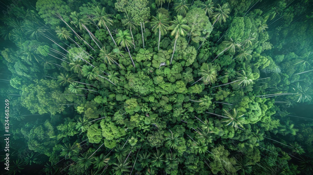 Aerial view of lush green rainforest with dense foliage and tall trees, showcasing the beauty and diversity of nature from above.