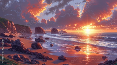 Nature Background, Sunset on a Rocky Beach: A rugged beach with large rocks jutting out into the ocean, the setting sun casting dramatic shadows and warm light over the scene. Illustration image, photo