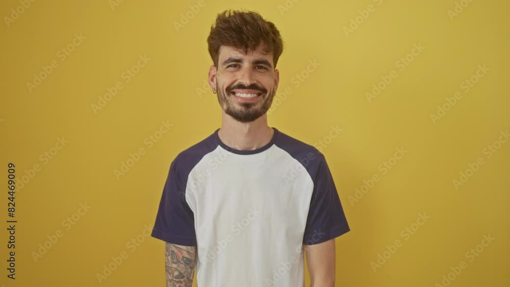 Happy expression, young hispanic man standing over an isolated yellow background, sticking tongue out in a funny, fun display of emotion Happy expression, young hispanic man standing over an isolated yellow background, sticking tongue out in a funny, fun display of emotion