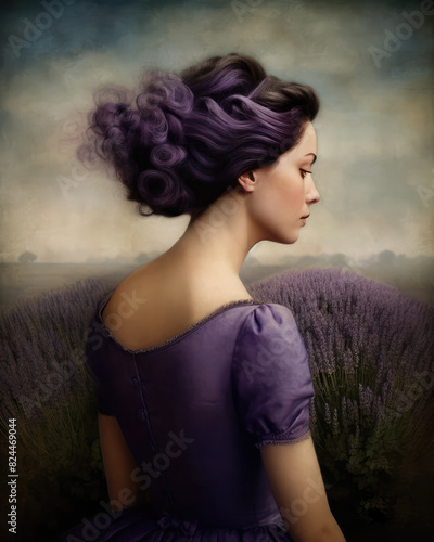 Beautiful Young Woman in Lavander Field. Beauty Girl in Purple Dress with Lavandel Hair in Lavendel meadow in Provence, France. Watercolor painting, vintage style photo