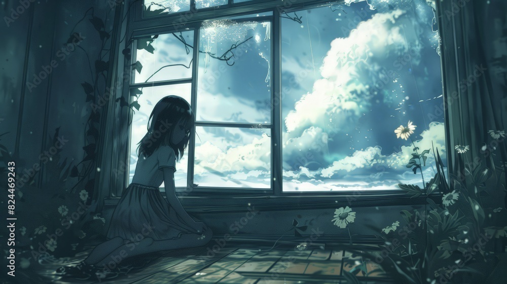 The girl sits at the window, her gaze lost in the distant horizon, as if searching for answers in the expanse of the sky beyond. The girl sits at the window, her gaze lost in the distant horizon, as if searching for answers in the expanse of the sky beyond.