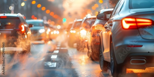 Toxic exhaust from cars in heavy traffic causing pollution and congestion. Concept Traffic Pollution, Air Quality, Environmental Impact © Ян Заболотний