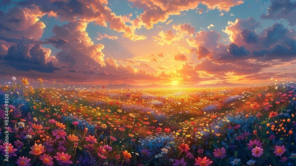 Nature Background, Sunset Over a Flower Field: An expansive field of wildflowers in full bloom, with the sun setting behind them, casting a golden glow over the vibrant colors. Illustration image,