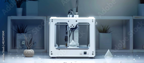 Full front view of a 3D printer on a clean, tech-themed background. 32k, full ultra HD, high resolution.