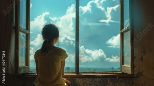 The girl sits at the window, her gaze lost in the distant horizon, as if searching for answers in the expanse of the sky beyond. © kaitanan