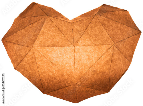 Origami orange heart illuminated from the inside like a lantern on a white background