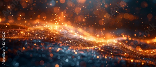 Abstract 3D Background. Particles and shapes suspended in space sparkle, crafting a magical and glittering effect.