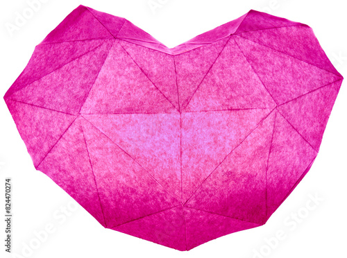 Pink origami heart lit from within like a lantern on a white background