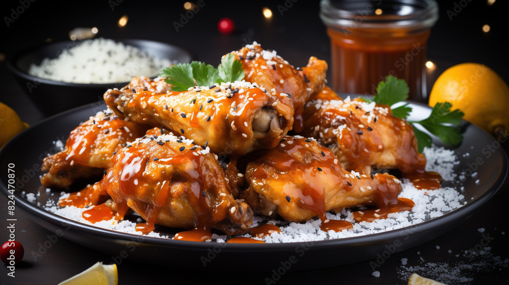 Delicious Fried Chicken Leg Pieces in Plate With Sliced Lemons on Wooden Table Background Delicious Fried Chicken Leg Pieces in Plate With Sliced Lemons on Wooden Table Background