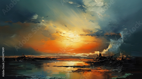 A Contemporary Oil Painting on Canvas with a Brown and Orange Background In The Style of Dark Sky-Blue and Light Aquamarine Landscape © Image Lounge