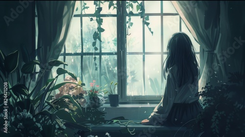 With the gentle breeze playing with her hair, the girl finds solace in the quiet moments spent by the window, a sanctuary from the chaos of the world outside.