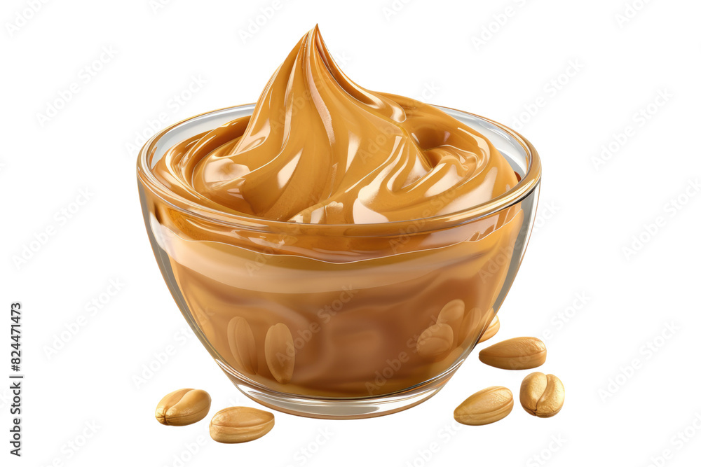 Glass bowl of peanut butter and peanuts isolated on white background Glass bowl of peanut butter and peanuts isolated on white background