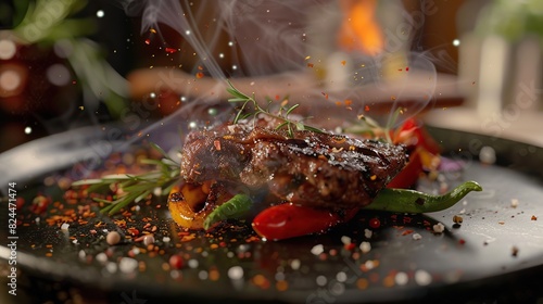 Steak with flying ingredients and hot spices served with vegetables. and has a fragrant sauce
