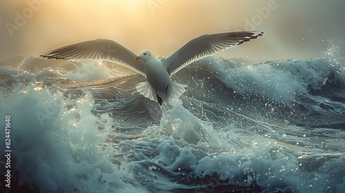An image of a bird flying above a stormy sea  symbolizing overcoming adversity. stock image