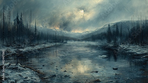 A painting of a landscape recovering after a fire, symbolizing nature's resilience. image photo