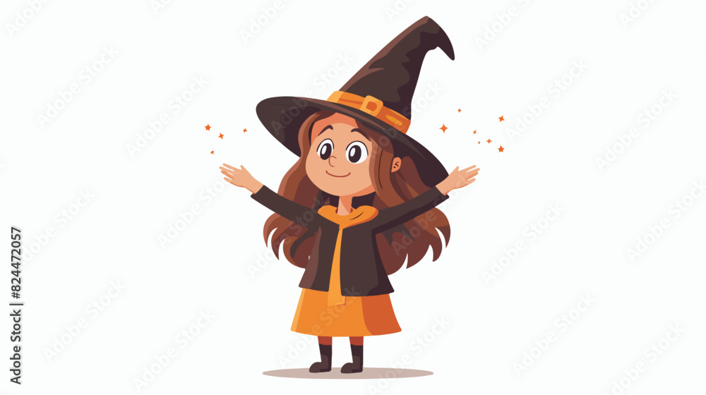 Cute girl in witch hat conjures. Young female mage