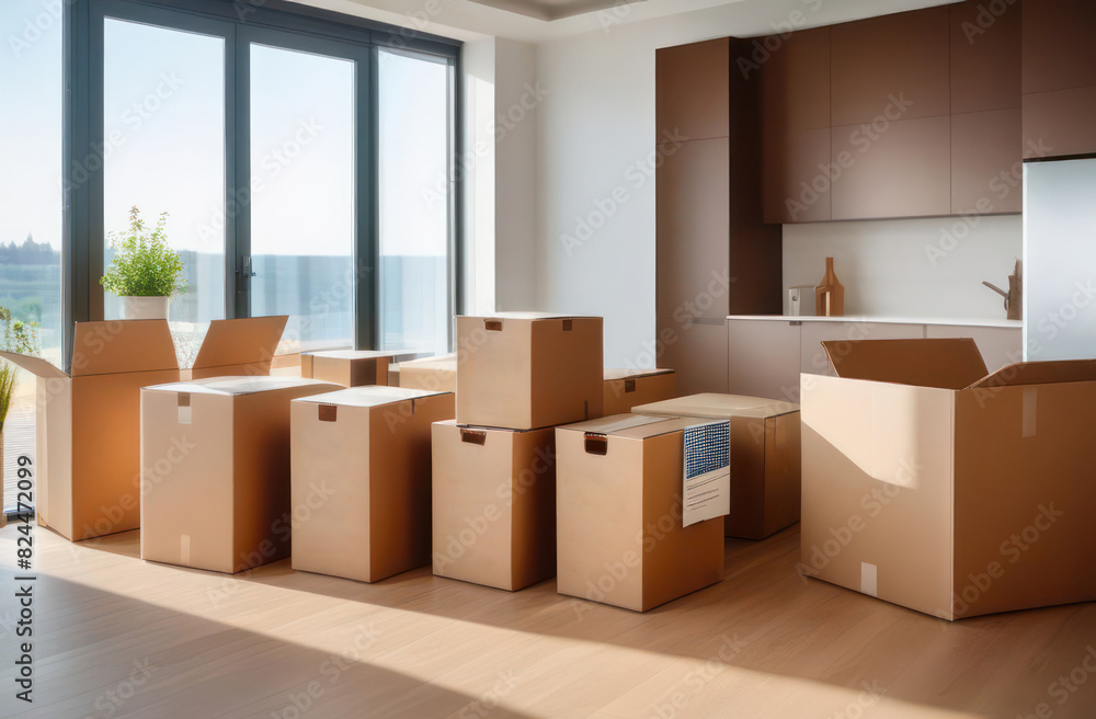 Moving to a new apartment. A kitchen with a kitchen wall and boxes of personal belongings Moving to a new apartment. A kitchen with a kitchen wall and boxes of personal belongings