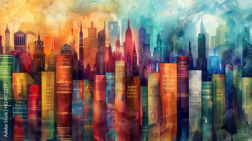A diverse array of books stacked like a colorful city skyline  with elements of fantasy and mystery peeking out from between the pages. Reading  literature  library  world of dreams and fantasy.
