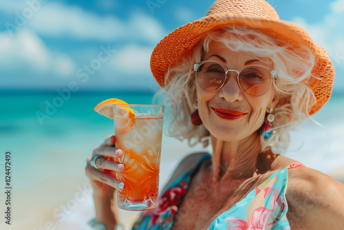 Old woman with cocktail on the beach. Summer vacation concept.