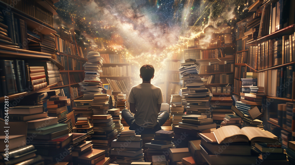 © Vitaliy - A young man sitting among books against the backdrop of space. Reading, book lover, library, world of dreams and fantasy.