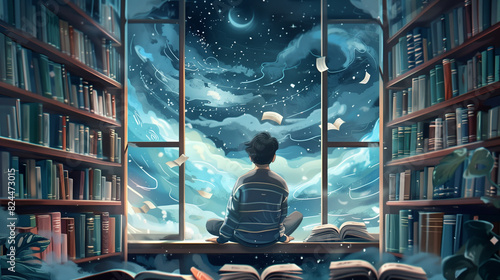 A young man among books near the opened window. Reading, book lover, library, world of dreams and fantasy.