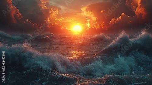 An image of a sun rising over a stormy sea, representing hope and new beginnings. photo photo