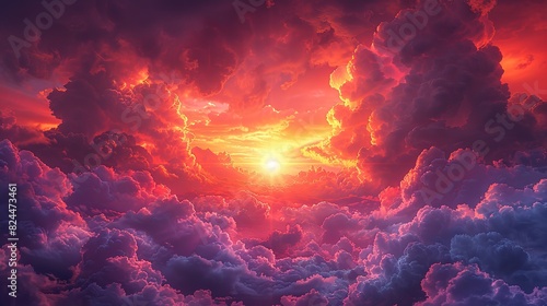 An illustration of a sun breaking through dark clouds  symbolizing hope and renewal. stock photo